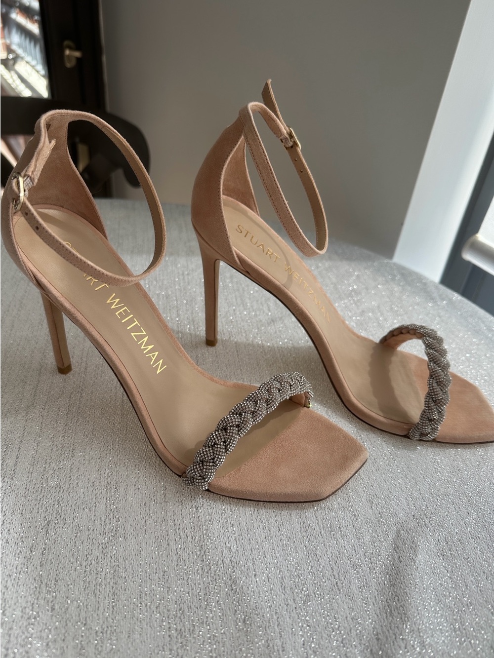 Stuart Weitzman Nude Beaded Ankle-Strap Heels - Picture 2 of 14